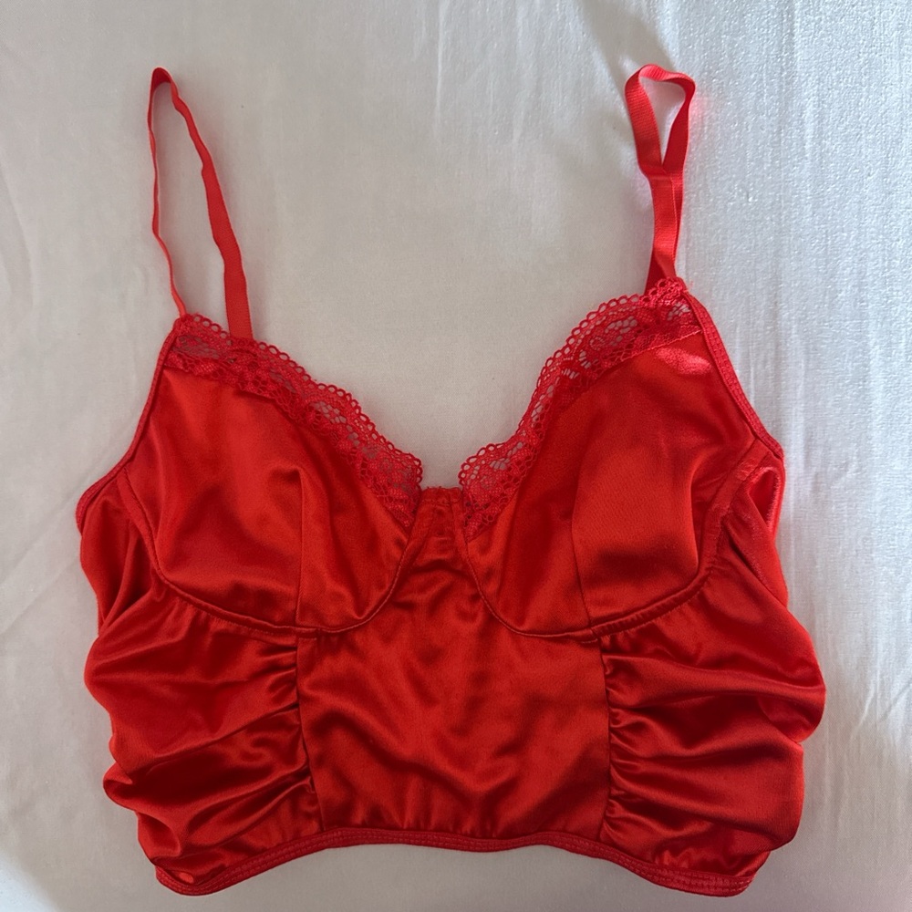 Red Satin with Lace Trim Top
